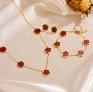 Five Leaf Clover Necklace Bracelet Earrings 18K Gold Plated Jewelry Set