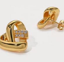 Load image into Gallery viewer, Baroque Brass 18k Real Gold Plated Patchwork With Zirconia Geometric Heart Earrings
