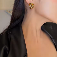 Load image into Gallery viewer, Baroque Brass 18k Real Gold Plated Patchwork With Zirconia Geometric Heart Earrings
