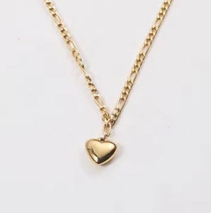 18K Gold Plated Stainless Steel Heart Pendant Necklace With Figaro Chain